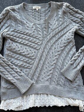 Gray Cable Knit Sweater XL Lace Hem Layered Look Cozy